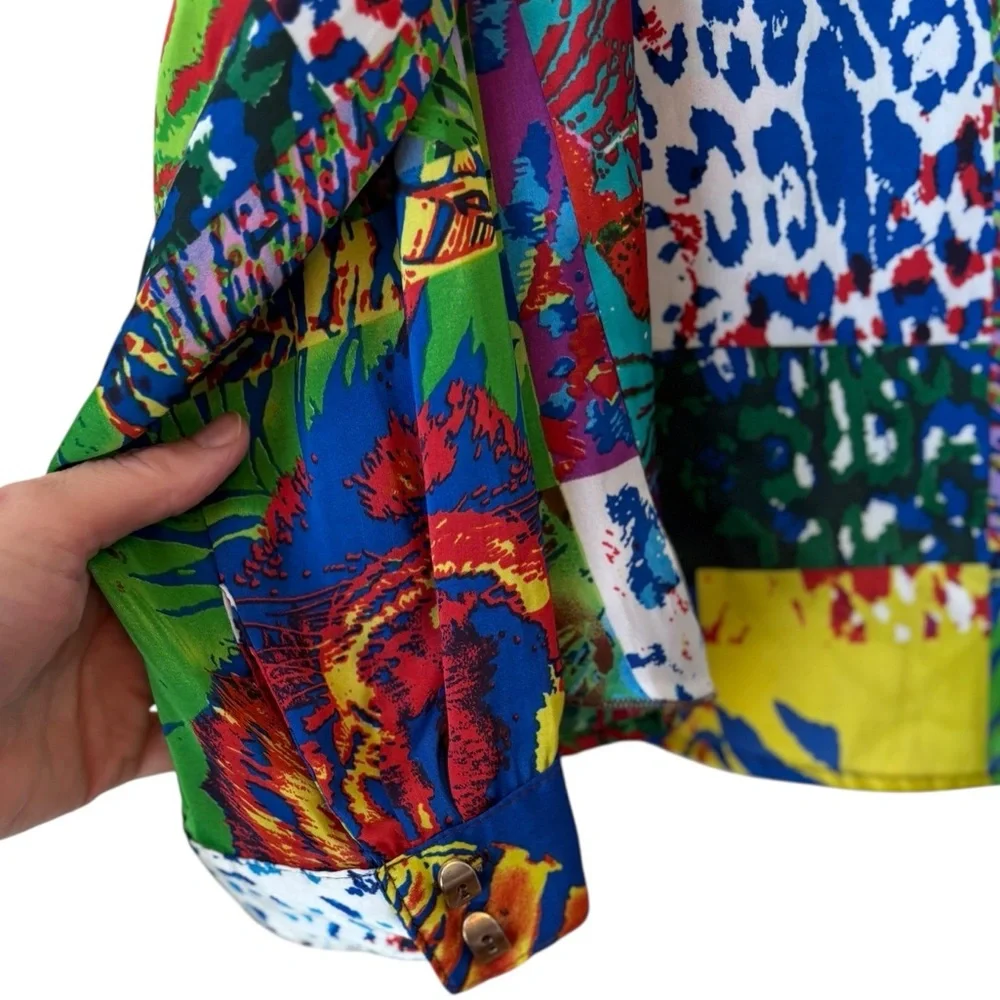 Alberto Makali Colorful Animal Print Patch Blouse Sz M Ruffle Back - Picture 3 of 10